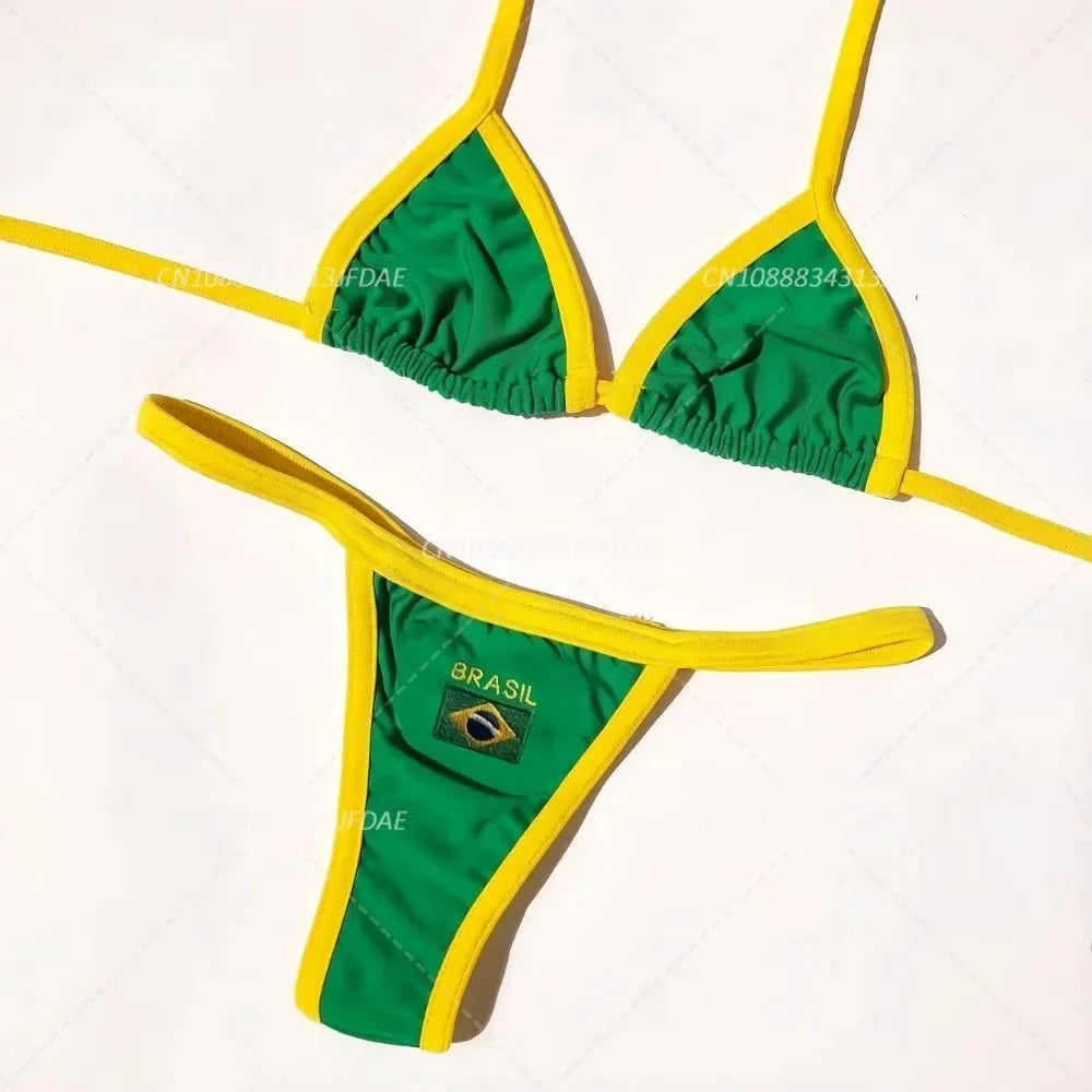 Brazil Flag Bikini Set | Embroidered Split Swimsuit For Women