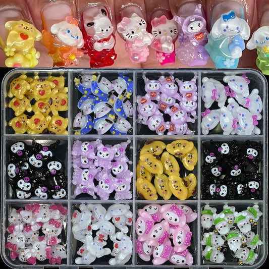 12Grid Sanrio Nail Charms 3D Kuromi Cinnamoroll Hello Kitty Set - Cake Pops Parties
