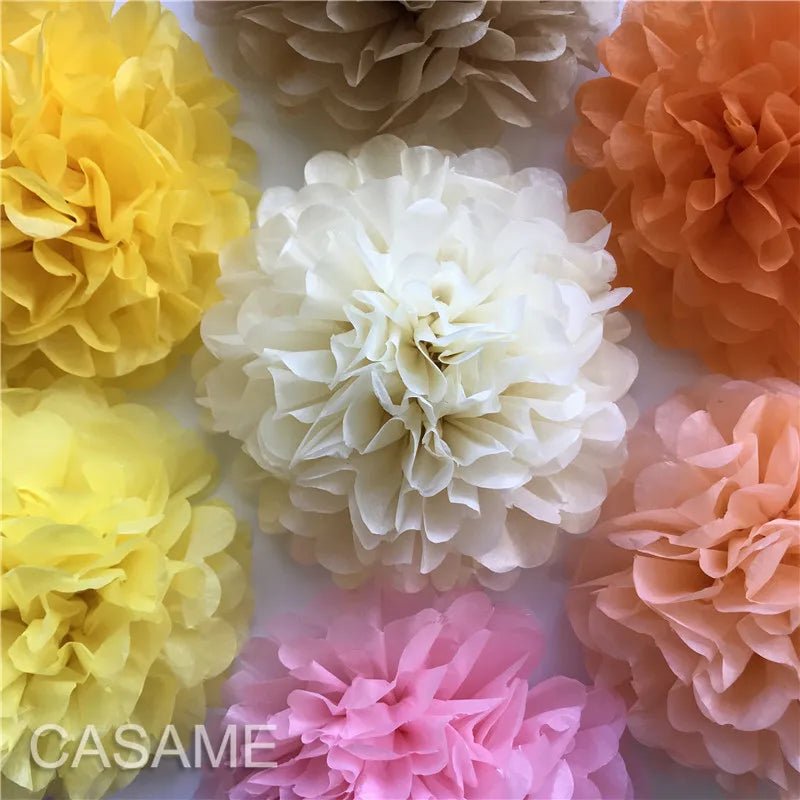Faron's lively 15Cm tissue paper pom poms, perfect for various gatherings and parties.