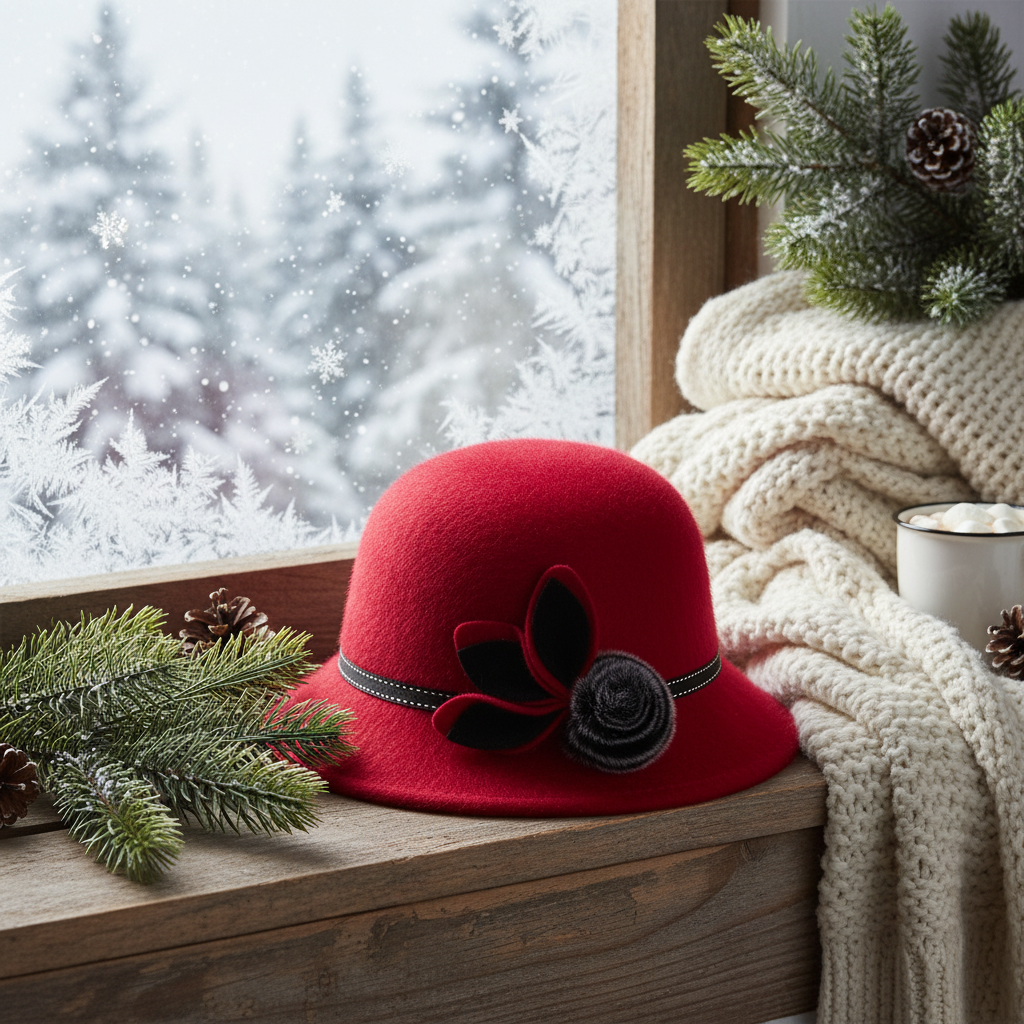 Red hat with decorative flower and band on a white background