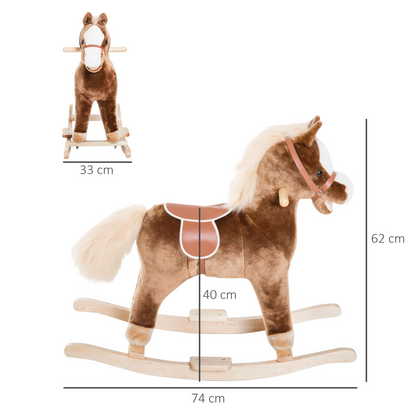 Happy child riding the Kids Rocking Horse, a plush ride-on toy designed to enhance balance and core strength.