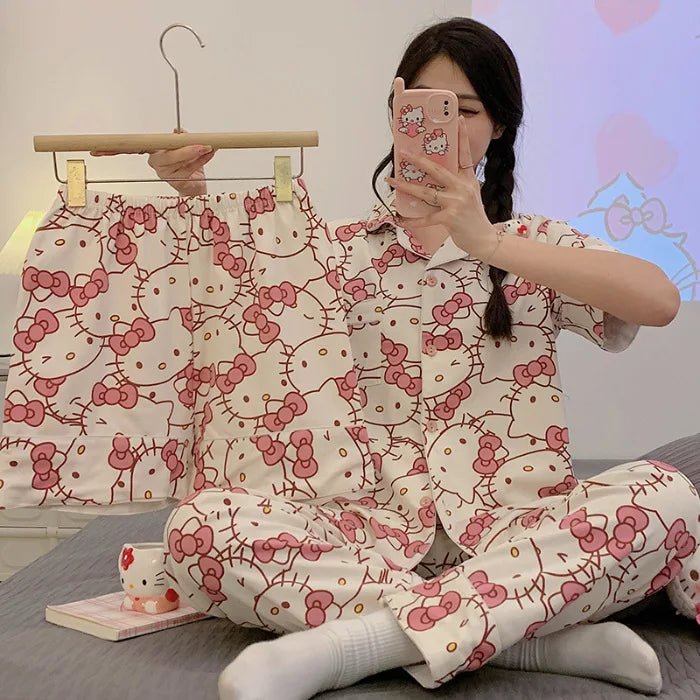 3Pc Hello Kitty Women's Pajama Set | Summer Kawaii Sleepwear Suits - Cake Pops Parties