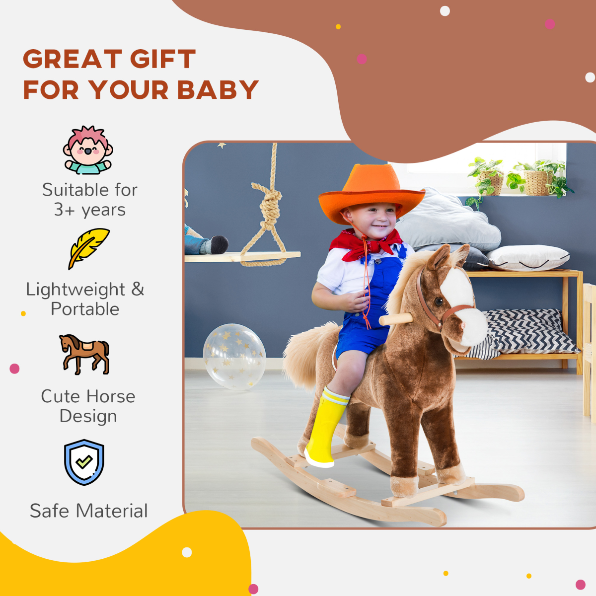 Close-up of the Kids Rocking Horse features plush body and comfort saddle, perfect for little riders.