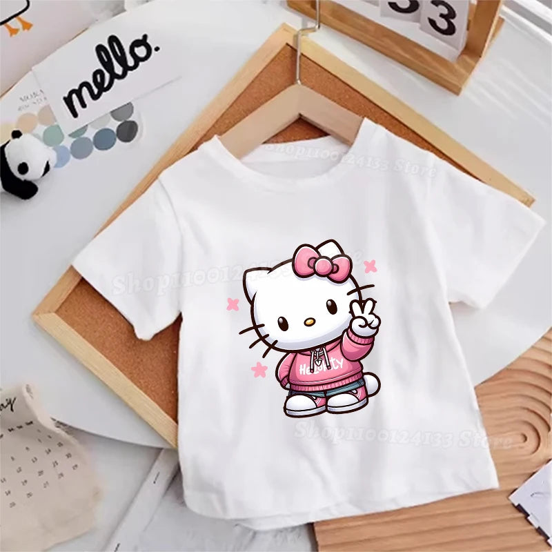 Hello Kitty Kids T-shirt Cotton Anime Print Tee - Kawaii Summer Streetwear Casual Top highlighting the soft cotton fabric and vibrant print.