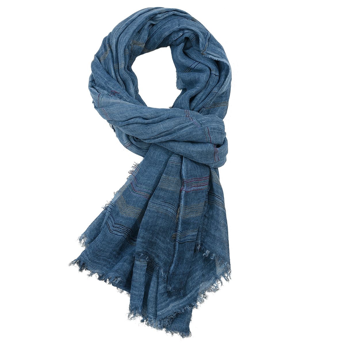 Chic Striped Cotton Linen Scarf in a beautiful blue hue, draped elegantly to demonstrate its lightweight quality. A perfect accessory for every season, ideal for completing your outfit. Winter Hats And Scarves.