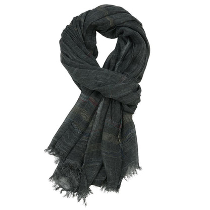 Chic Striped Cotton Linen Scarf displayed in a stylish charcoal color, providing a modern touch to your ensemble. This versatile scarf is essential for all-season wear and perfect for layering. Winter Hats And Scarves.