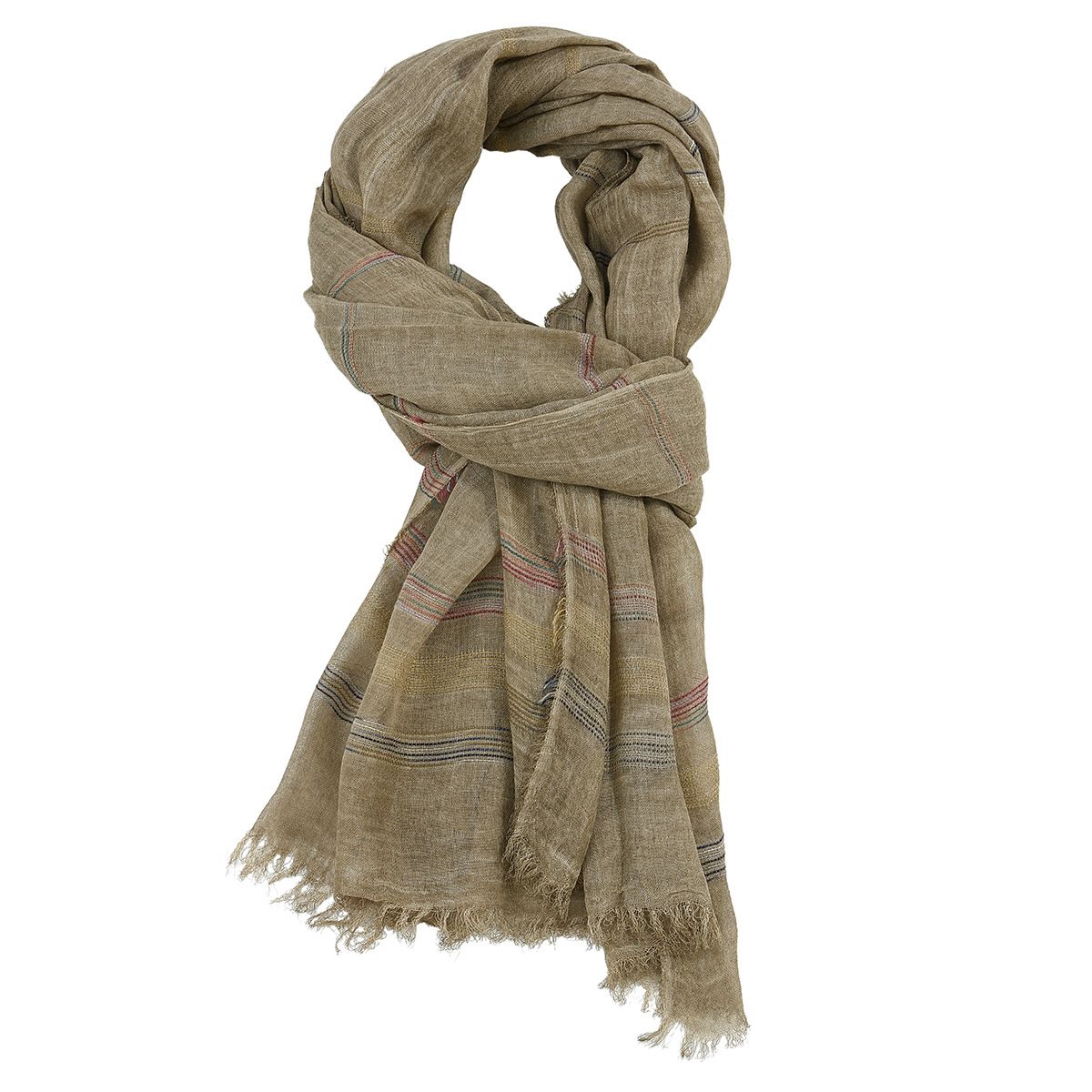 Chic Striped Cotton Linen Scarf displayed in a neutral beige color, perfect for everyday styling. A functional and stylish accessory for every season, making it a wardrobe staple. Winter Hats And Scarves.