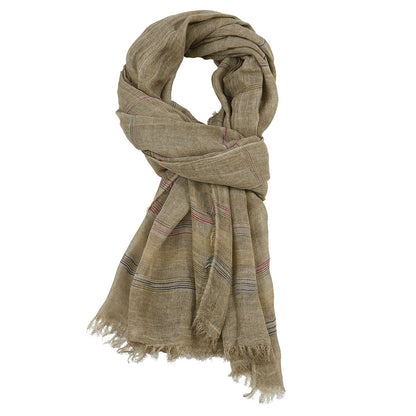 Chic Striped Cotton Linen Scarf displayed in a neutral beige color, perfect for everyday styling. A functional and stylish accessory for every season, making it a wardrobe staple. Winter Hats And Scarves.