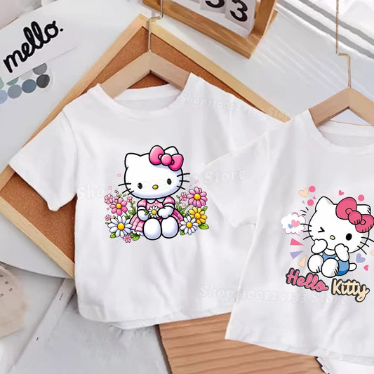 Hello Kitty Kids T-shirt Cotton Anime Print Tee - Kawaii Summer Streetwear Casual Top featuring vibrant Hello Kitty design, ideal for children.