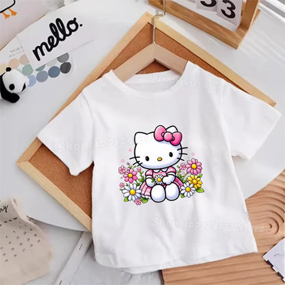 Hello Kitty Kids T-shirt Cotton Anime Print Tee - Kawaii Summer Streetwear Casual Top with a stylish Hello Kitty print, suitable for anime fans.