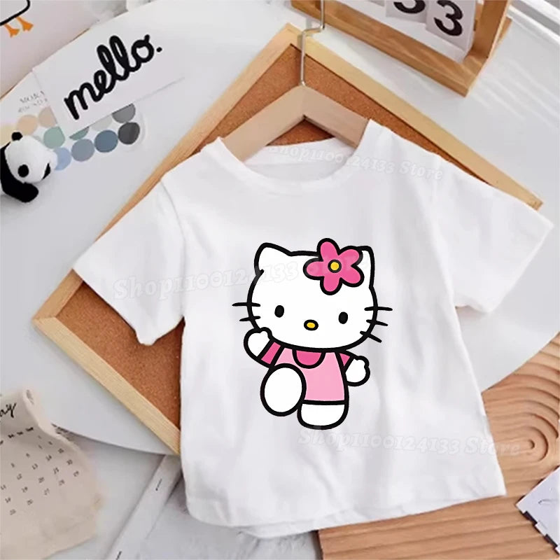 Hello Kitty Kids T-shirt Cotton Anime Print Tee - Kawaii Summer Streetwear Casual Top featuring adorable anime print, perfect for casual outings.