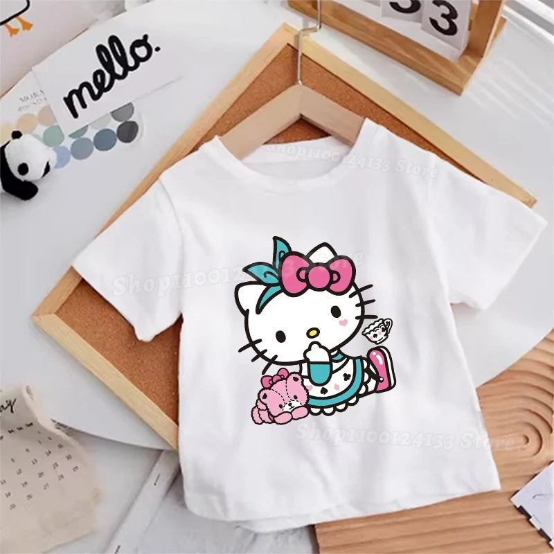 Hello Kitty Kids T-shirt Cotton Anime Print Tee - Kawaii Summer Streetwear Casual Top, showcasing the playful and cute Hello Kitty character.