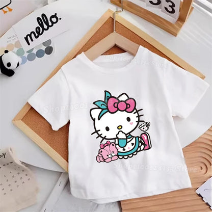 Hello Kitty Kids T-shirt Cotton Anime Print Tee - Kawaii Summer Streetwear Casual Top, showcasing the playful and cute Hello Kitty character.