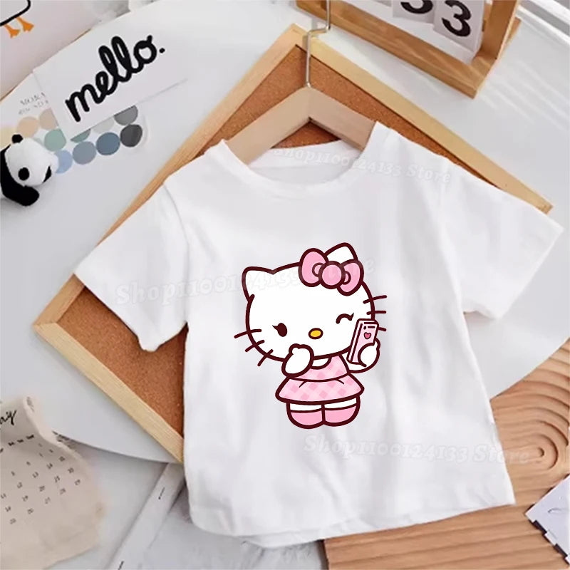 Hello Kitty Kids T-shirt Cotton Anime Print Tee - Kawaii Summer Streetwear Casual Top with the classic Hello Kitty print, perfect for summer wear.