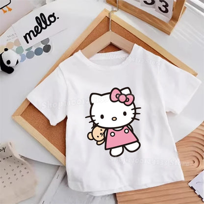 Hello Kitty Kids T-shirt Cotton Anime Print Tee - Kawaii Summer Streetwear Casual Top ideal for birthday and holiday gifts with Hello Kitty theme.