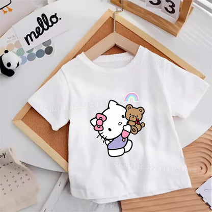 Hello Kitty Kids T-shirt Cotton Anime Print Tee - Kawaii Summer Streetwear Casual Top showcasing Y2k Trendy Vogue Kawaii fashion for kids.