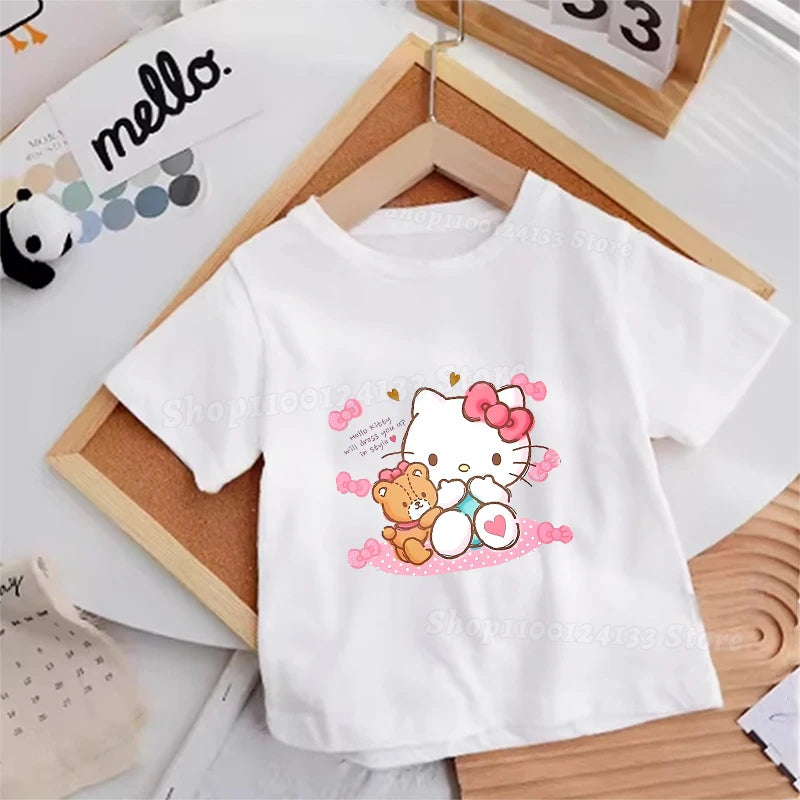 Hello Kitty Kids T-shirt Cotton Anime Print Tee - Kawaii Summer Streetwear Casual Top highlighting the ease of wear and cheerful Hello Kitty design.