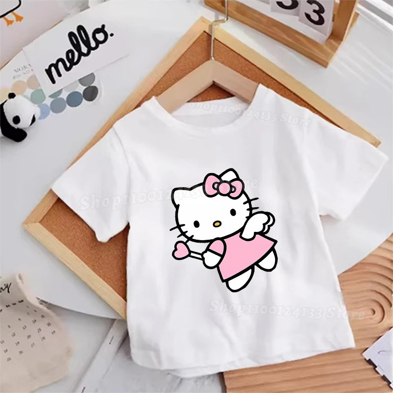 Hello Kitty Kids T-shirt Cotton Anime Print Tee - Kawaii Summer Streetwear Casual Top that makes a perfect gift for young Hello Kitty enthusiasts.