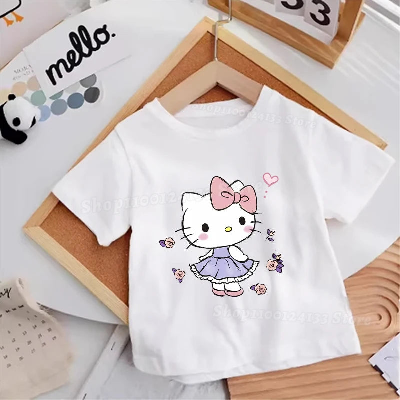 Hello Kitty Kids T-shirt Cotton Anime Print Tee - Kawaii Summer Streetwear Casual Top showing different angles of the Hello Kitty design.