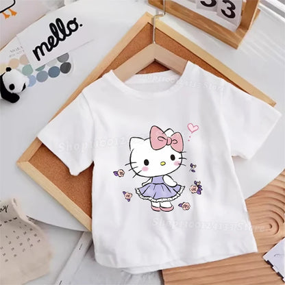 Hello Kitty Kids T-shirt Cotton Anime Print Tee - Kawaii Summer Streetwear Casual Top showing different angles of the Hello Kitty design.
