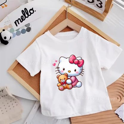 Hello Kitty Kids T-shirt Cotton Anime Print Tee - Kawaii Summer Streetwear Casual Top displayed on a model, showcasing the fun and vibrant Hello Kitty t-shirt.