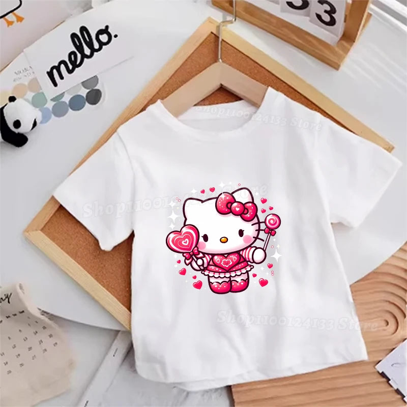 Hello Kitty Kids T-shirt Cotton Anime Print Tee - Kawaii Summer Streetwear Casual Top featuring unisex design, suitable for boys and girls.