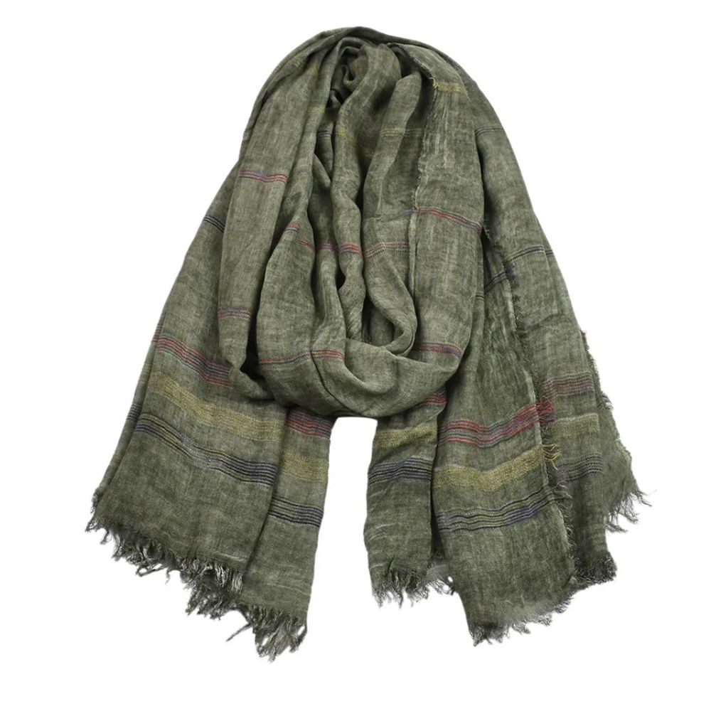 Chic Striped Cotton Linen Scarf presented in a luxurious green shade, making it an essential accessory for every occasion. Lightweight and breathable, it's great for year-round wear. Winter Hats And Scarves.