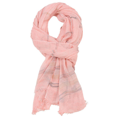 Chic Striped Cotton Linen Scarf showcased in a soft pink hue, combining elegance and comfort effortlessly. A versatile piece perfect for layering in any season. Winter Hats And Scarves.