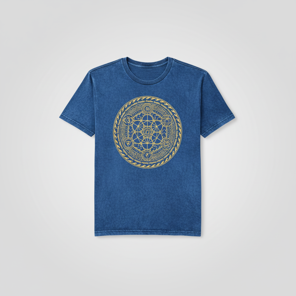 Chakra Large Stone Washed T-Shirt in Blue showcasing the unique stone washed texture, perfect cozy wear.