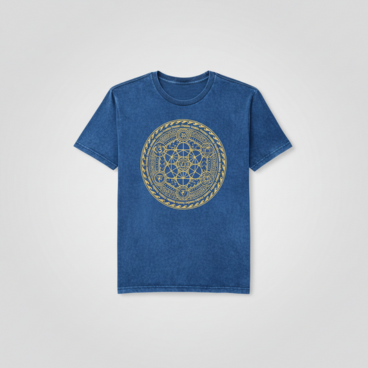 Chakra Large Stone Washed T-Shirt in Blue showcasing the unique stone washed texture, perfect cozy wear.