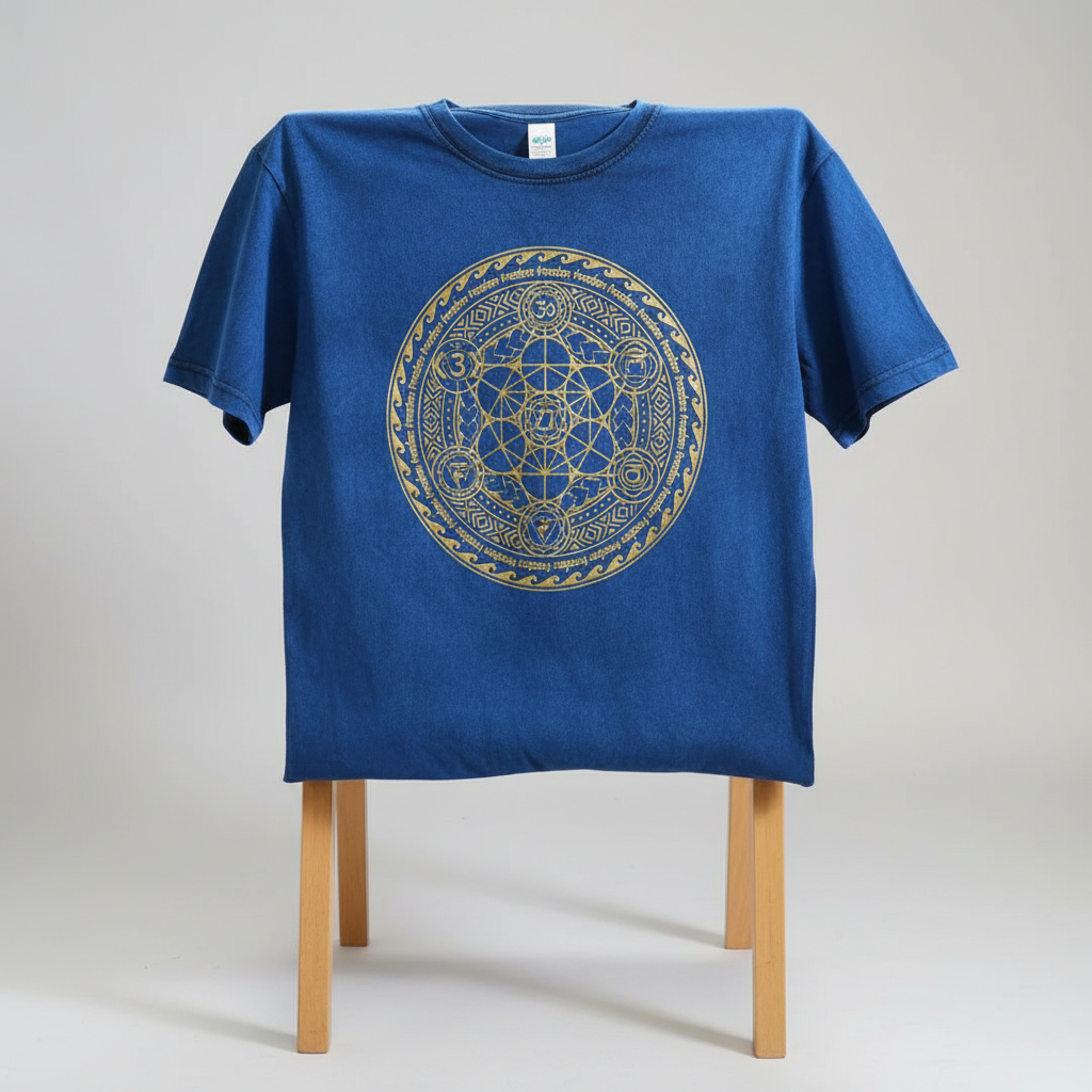 The Chakra Large Stone Washed T-Shirt in Blue laid flat, emphasizing its distinctive stone washed design.