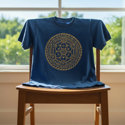 Model wearing the Chakra Large Stone Washed T-Shirt in Blue, demonstrating its relaxed fit and stylish look.