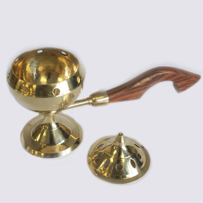 Elegant Brass Incense Burner with Wooden Handle - Ideal for Home Altar & Meditation. Showcase of the burner with the lid off, highlighting its intricate design, making it an ideal Christmas gift for enhancing home fragrance.