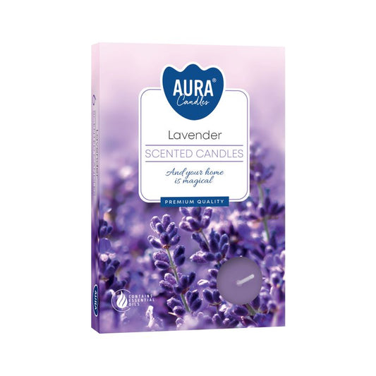 Set of 6 Lavender Scented Tealights â€“ Relaxation Gift featuring a premium quality packaging design with lavender flowers for a calming home atmosphere â€“ Christmas Gift Home Fragrance.
