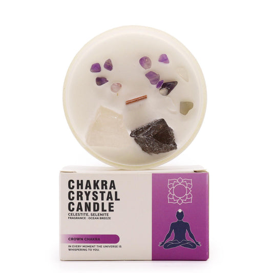Crown Chakra Candle â€“ Ocean Breeze Scent displayed with gemstones, perfect for creating a soothing atmosphere. Ideal as a Christmas Gift Home Fragrance.