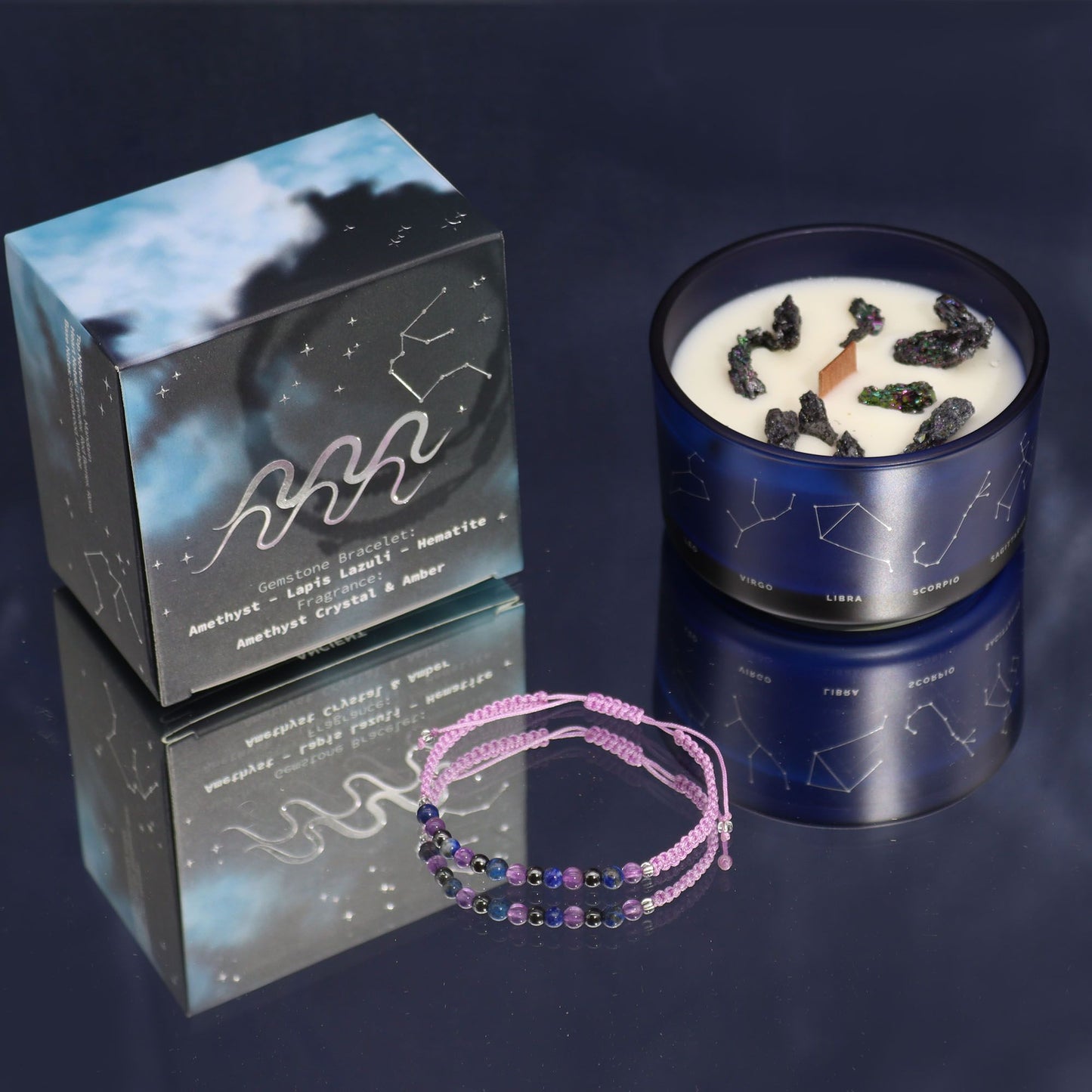 Zodiac Crystal Candle with Gemstone Bracelet - Aquarius, showcasing gemstones and delicious scents of Cassis and Mandarin. A charming addition to any space, it's a thoughtful Christmas Gift Home Fragrance.