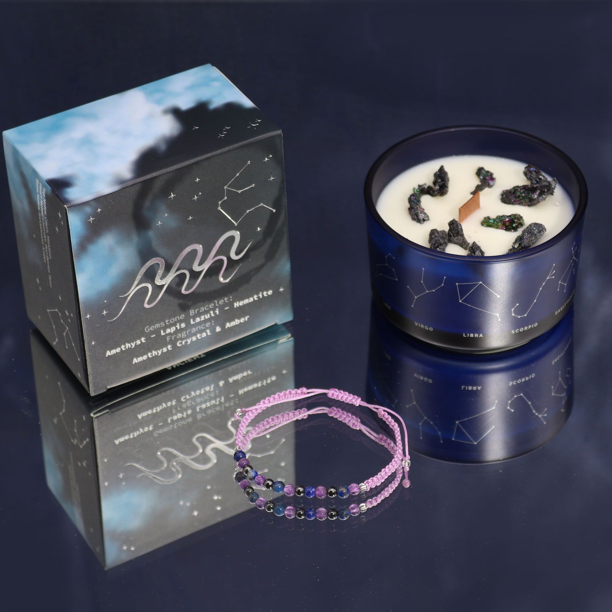 Zodiac Crystal Candle with Gemstone Bracelet - Aquarius, showcasing gemstones and delicious scents of Cassis and Mandarin. A charming addition to any space, it's a thoughtful Christmas Gift Home Fragrance.