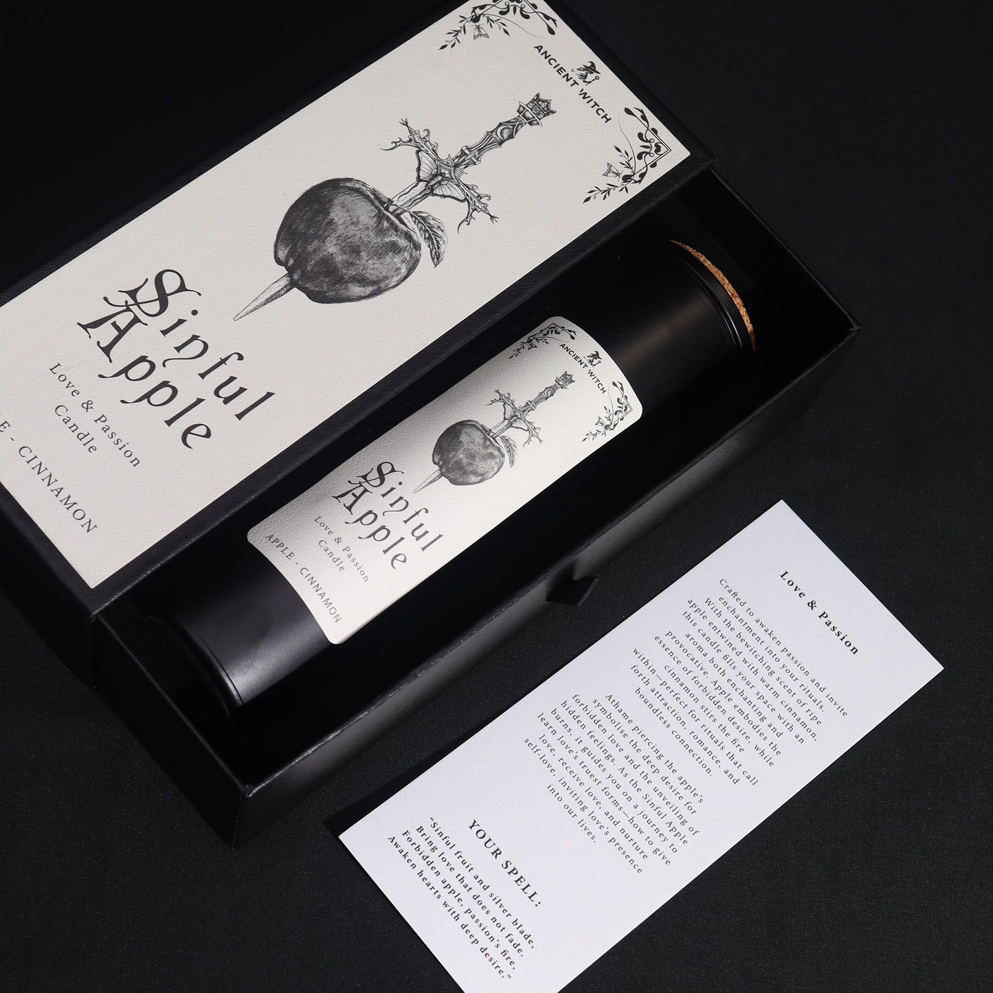 Beautifully packaged Sinful Apple & Cinnamon Candle, ideal for love and confidence rituals, presented as a Christmas gift home fragrance.