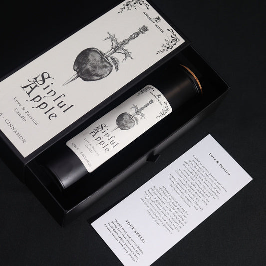 Beautifully packaged Sinful Apple & Cinnamon Candle, ideal for love and confidence rituals, presented as a Christmas gift home fragrance.