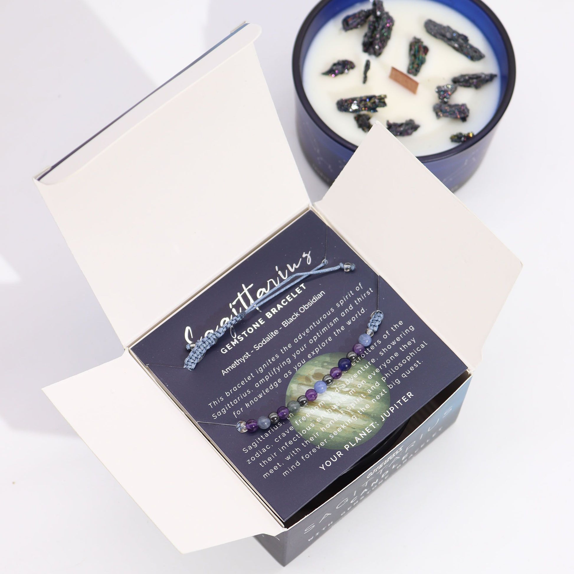 Unboxing the Zodiac Crystal Candle with Gemstone Bracelet - Sagittarius, revealing the gemstones and fragrant candle inside. Perfect for a Christmas Gift Home Fragrance.