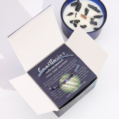Unboxing the Zodiac Crystal Candle with Gemstone Bracelet - Sagittarius, revealing the gemstones and fragrant candle inside. Perfect for a Christmas Gift Home Fragrance.