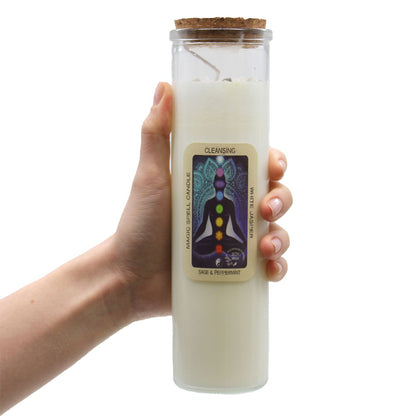 A person holding a Soy Wax Candle with White Jasper - Sage & Peppermint Scent, showcasing its cleansing properties. This beautiful {{scent}} {{product_type}} is perfect for creating a peaceful atmosphere and makes a thoughtful Christmas Gift Home Fragrance.