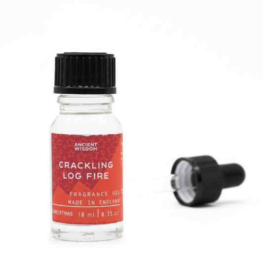 Crackling Log Fire Fragrance Oil 10ml - Cedarwood & Patchouli Aroma showcasing the relaxing scent of crackling fire fragrance oil.