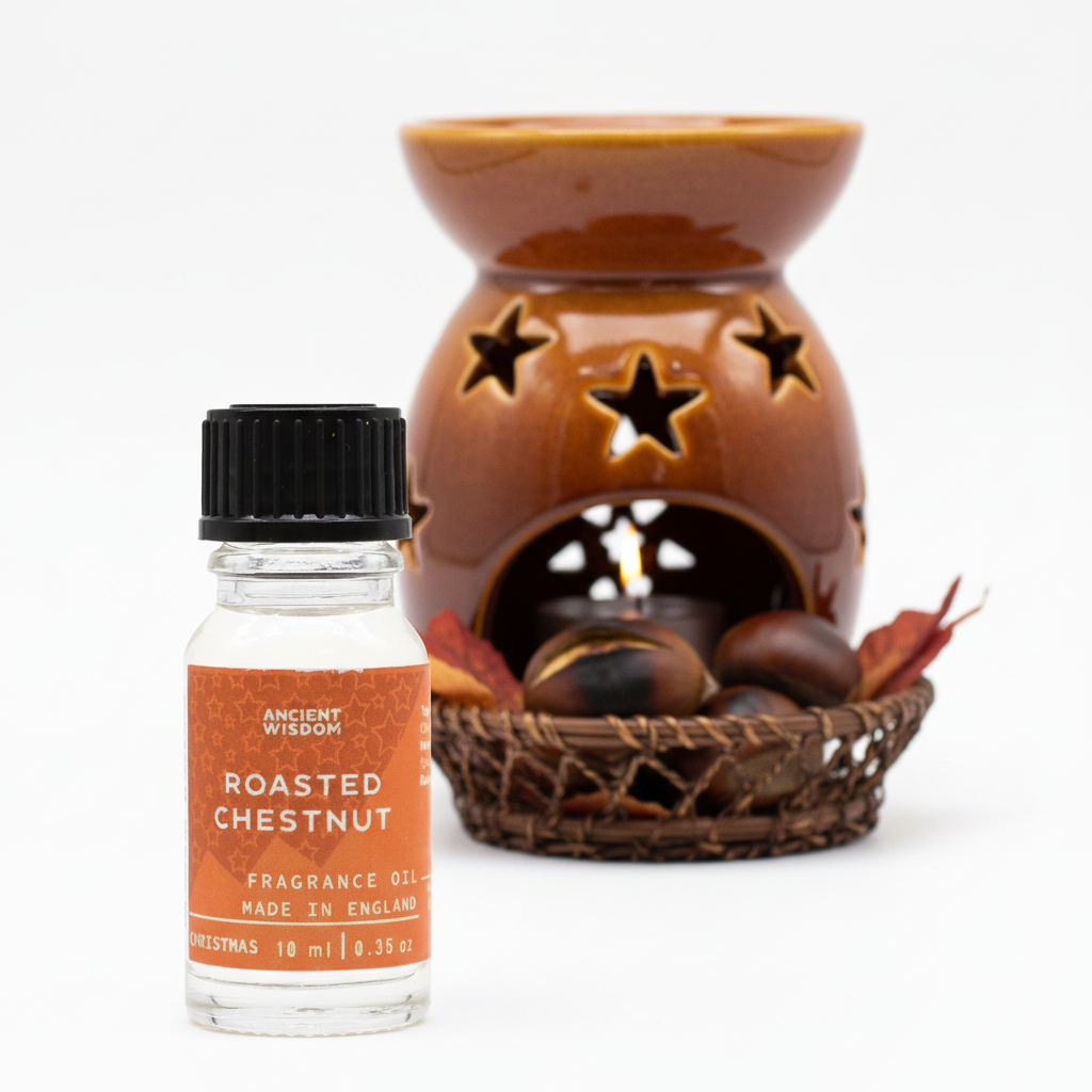Roasted Chestnut Fragrance Oil bottle showing the warm aroma of roasted chestnuts, ideal scented oils for home use during festive seasons.