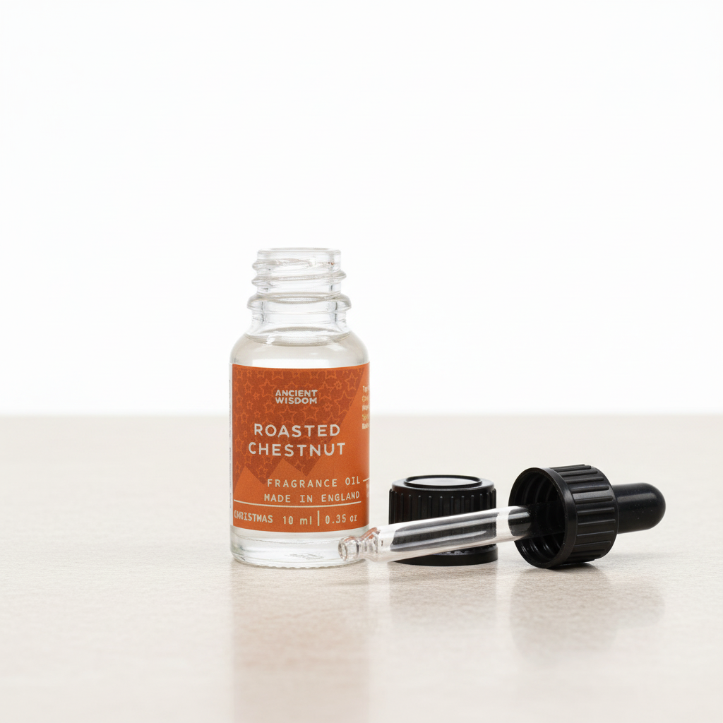 Elegant packaging of Roasted Chestnut Fragrance Oil, showcasing one of the best scented oils for home during the winter months.