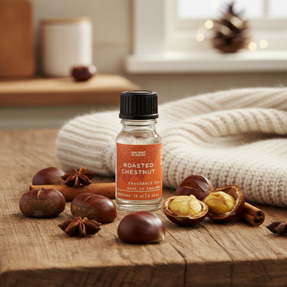 Close-up of Roasted Chestnut Fragrance Oil, a perfect choice of scented oils for home to enhance relaxation and festive gatherings.