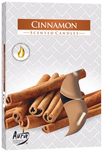 Set of 6 Cinnamon Scented Tealights featuring a stylish box design with cinnamon sticks, perfect for enhancing your holiday décor. Ideal Christmas Gift Home Fragrance.