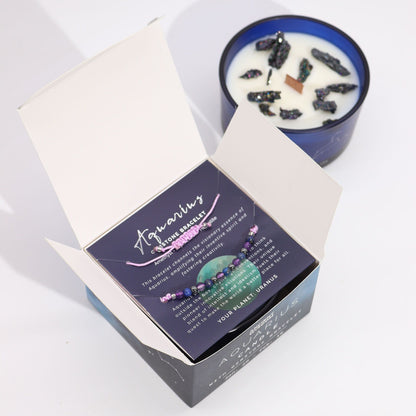 Zodiac Crystal Candle with Gemstone Bracelet - Aquarious showcased in a stylish box, featuring a blend of Amethyst Crystal and Amber scent, perfect for a Christmas Gift Home Fragrance.