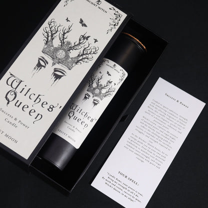 Witches' Queen Candle showcased in an elegant black box, featuring intricate artwork and a spell card for empowerment. Perfect for ambition and empowerment, this Velvet Moon scented candle makes a thoughtful Christmas gift and a delightful home fragrance.