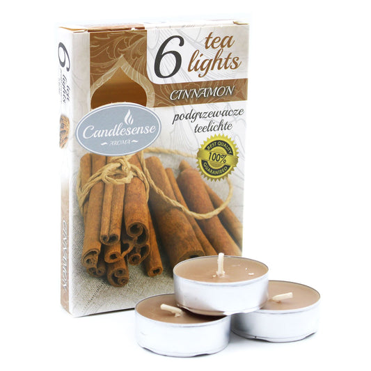 6 Cinnamon Scented Tealights - Ideal Christmas Gift Set featuring tealight candles and cinnamon sticks, perfect for creating a warm atmosphere this festive season. This cinnamon tealight set is an ideal Christmas gift home fragrance.